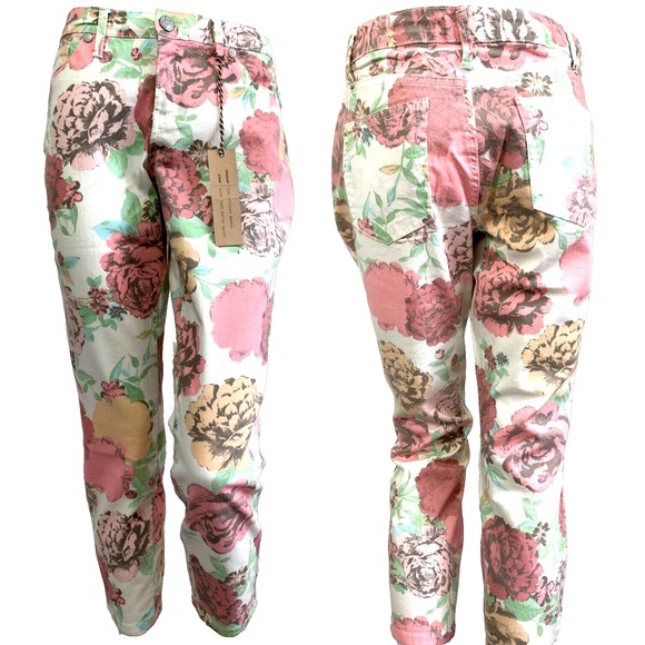 NEW Nine West Floral Denim Jean Vintage American skinny Straight Ivory Size 8 29 - Picture 1 of 14